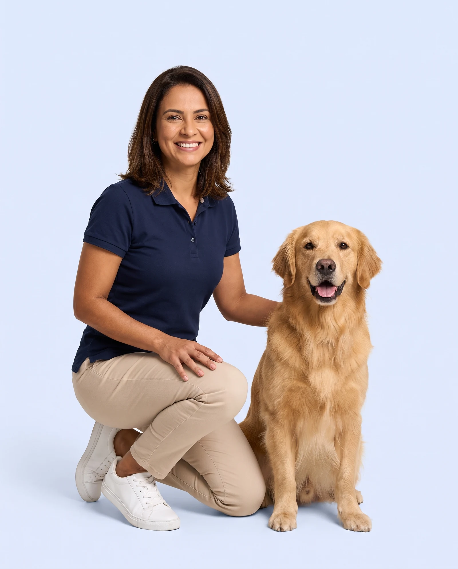 Imagem ilustrativa criada por IA: dona de petshop sorridente com cão em fundo azul claro